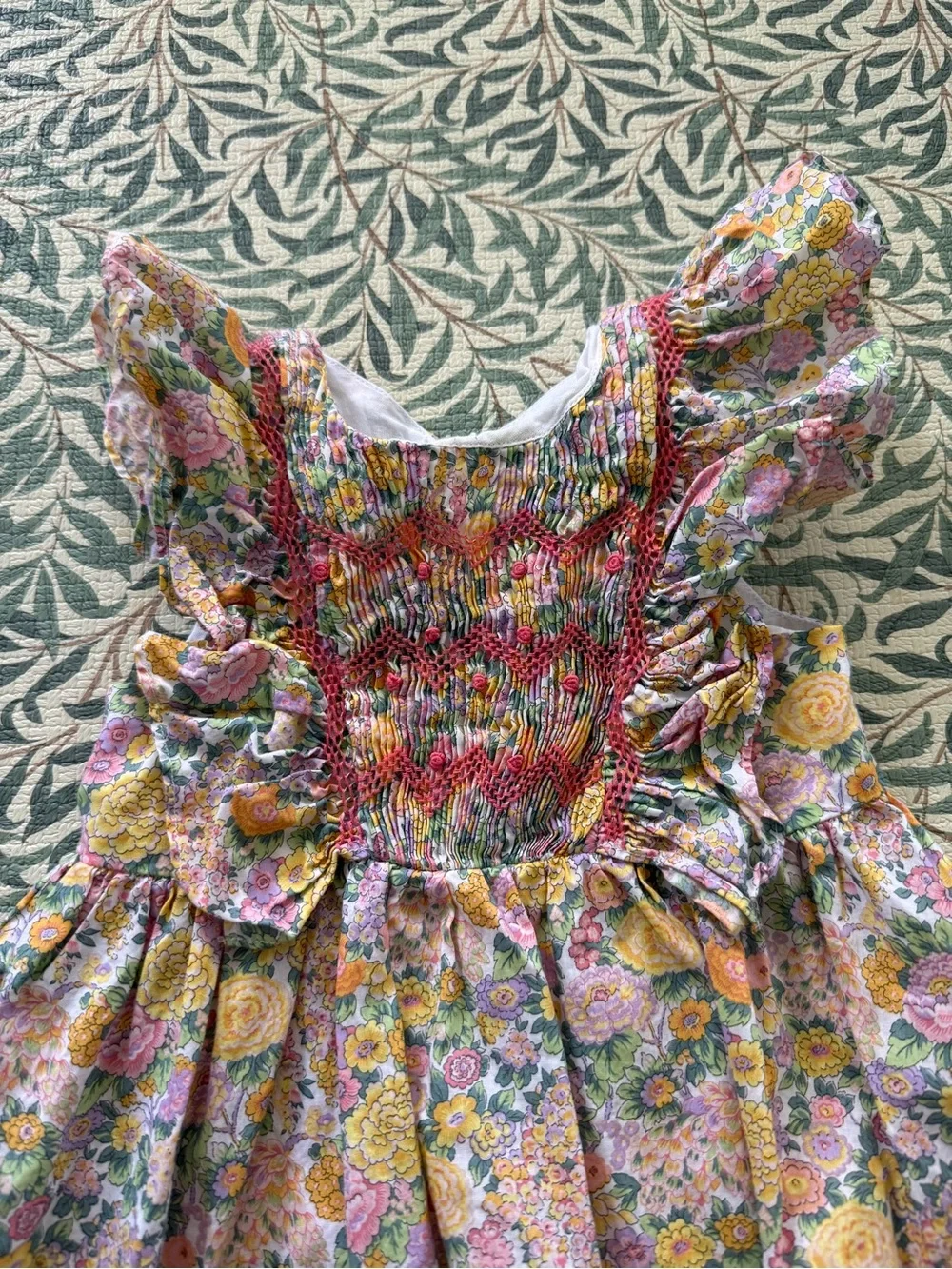 Tartine et Chocolat Floral Smocked Ruffle Dress in Yellow & Pink